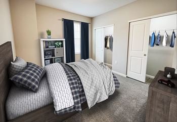a bedroom with a bed and closet and a dresser